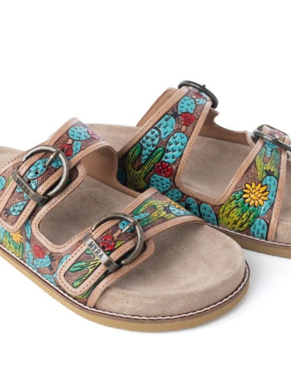 Myra Rio Verde Handtooled Leather Sandals In Agave Blue - Size 10 - Picture 3 of 4